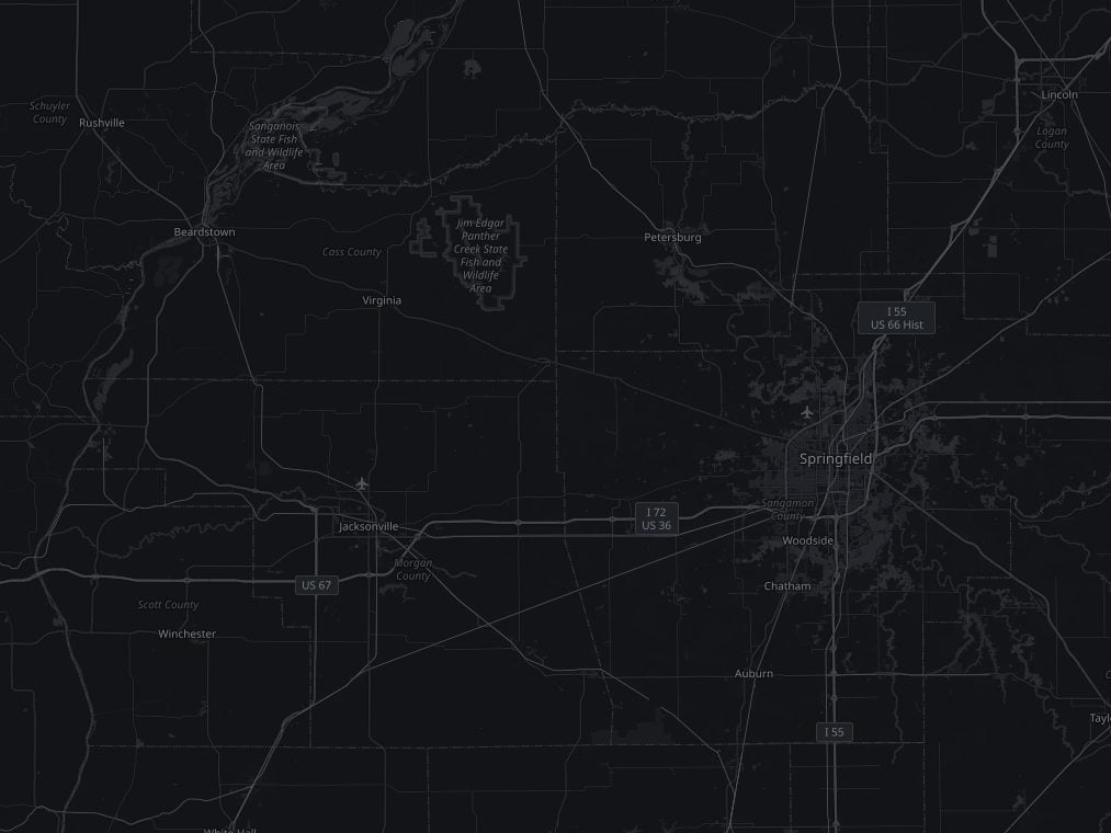 L&J’s Junk Removal service area map: Virginia, Jacksonville, Beardstown, Springfield, and surrounding Central Illinois towns